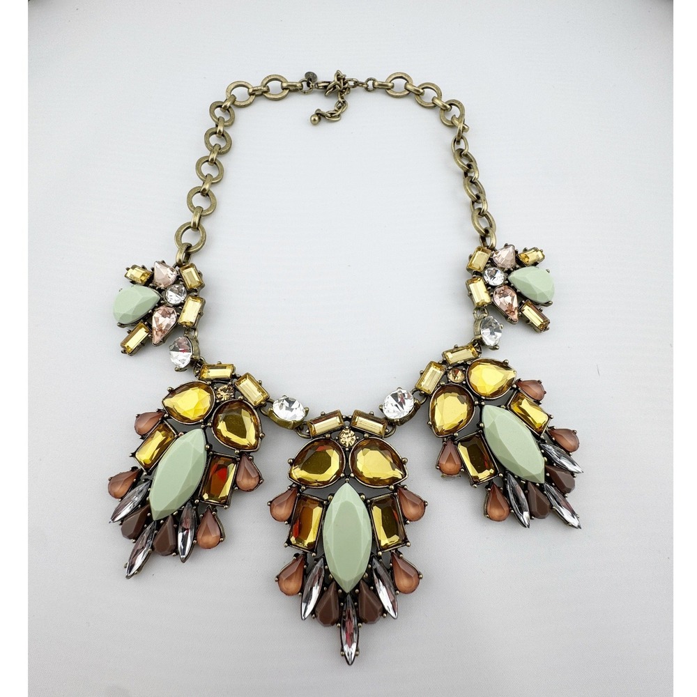 Logo Statement Necklace Green Yellow Brown Rhinestone Crystal Gold Tone Bib